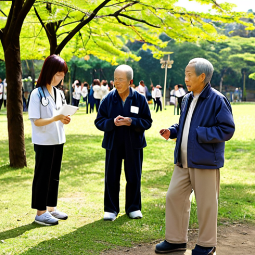 **

A diverse group of Japanese people (elderly, families, young adults) participate in a green exercise program in a local park. Focus on the natural environment (trees, flowers, sunshine). Show collaboration: a doctor is consulting with someone, a city official is speaking to the group, and NPO volunteers are leading activities. The atmosphere is positive, healthy, and community-focused. Include subtle digital integration, like someone using a fitness app on their phone.

**