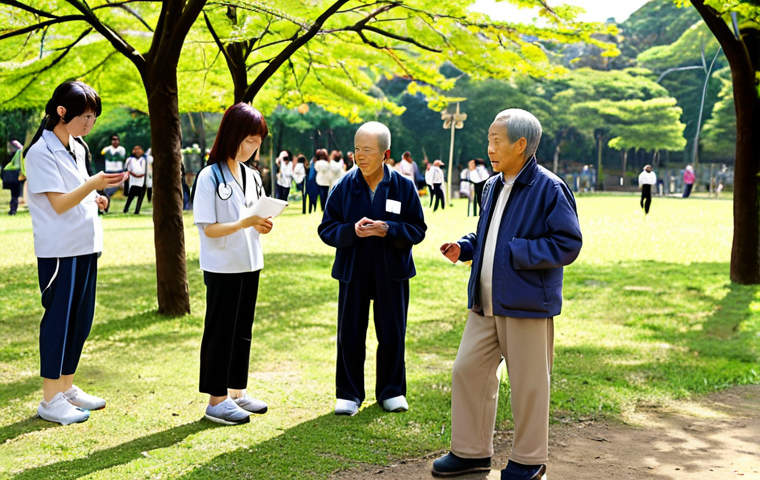 **

A diverse group of Japanese people (elderly, families, young adults) participate in a green exercise program in a local park. Focus on the natural environment (trees, flowers, sunshine). Show collaboration: a doctor is consulting with someone, a city official is speaking to the group, and NPO volunteers are leading activities. The atmosphere is positive, healthy, and community-focused. Include subtle digital integration, like someone using a fitness app on their phone.

**