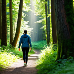 A tranquil individual in modest, comfortable outdoor athletic wear is enjoying a mindful walk through a vibrant, lush forest. Soft sunlight streams through the dense canopy of trees, illuminating the path ahead. The person is standing still for a moment, eyes gently closed, taking a deep, restorative breath, experiencing the peaceful sounds and scents of nature. This scene embodies mental well-being and stress reduction. safe for work, appropriate content, fully clothed, professional, perfect anatomy, correct proportions, natural pose, well-formed hands, proper finger count, natural body proportions, professional photography, cinematic lighting, high quality.