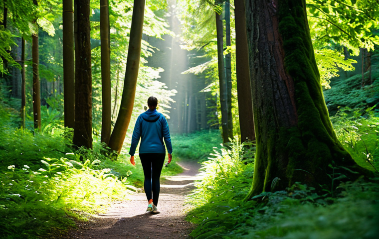 A tranquil individual in modest, comfortable outdoor athletic wear is enjoying a mindful walk through a vibrant, lush forest. Soft sunlight streams through the dense canopy of trees, illuminating the path ahead. The person is standing still for a moment, eyes gently closed, taking a deep, restorative breath, experiencing the peaceful sounds and scents of nature. This scene embodies mental well-being and stress reduction. safe for work, appropriate content, fully clothed, professional, perfect anatomy, correct proportions, natural pose, well-formed hands, proper finger count, natural body proportions, professional photography, cinematic lighting, high quality.