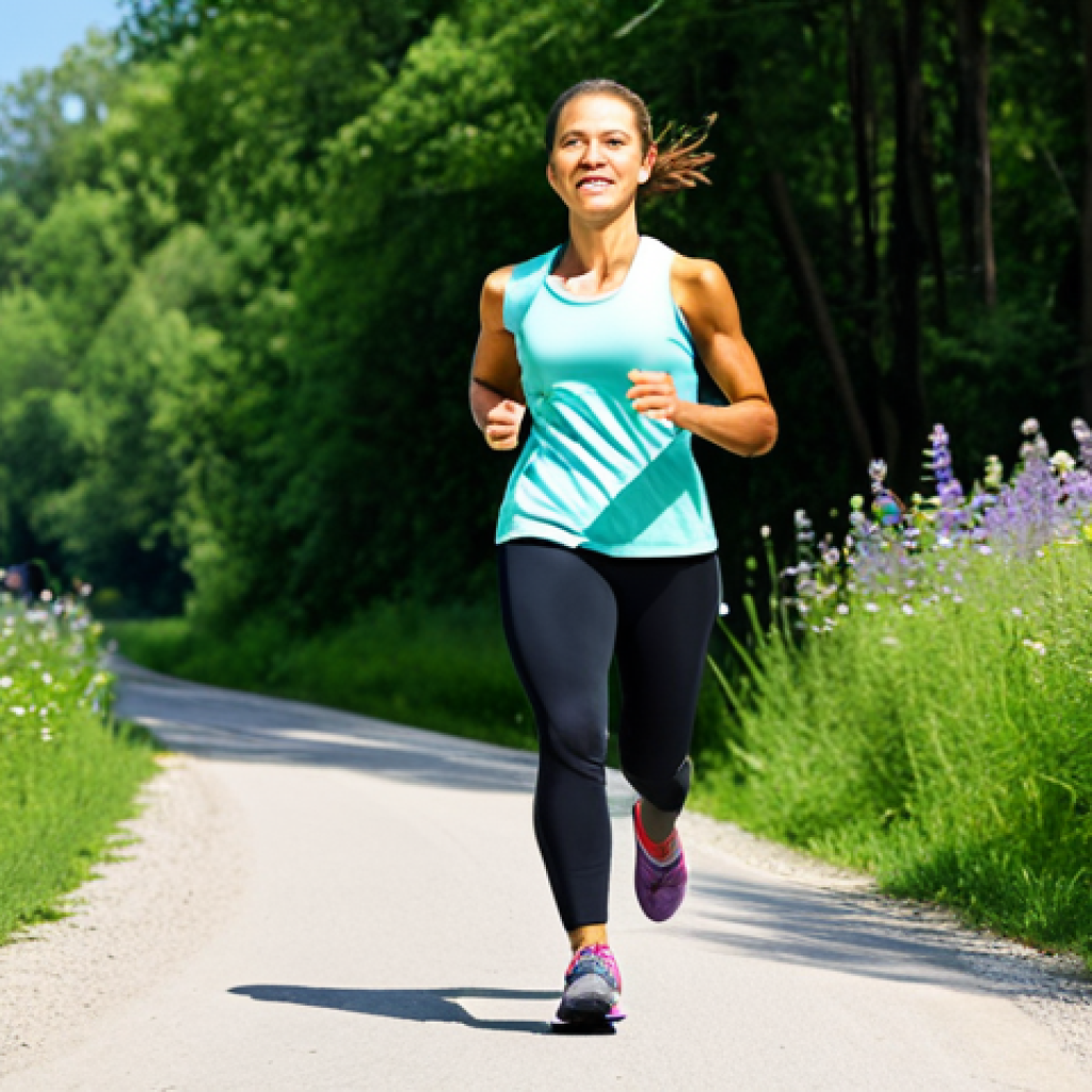 Serene Riverside Workout**
A woman in comfortable workout clothes and athletic shoes, fully clothed, jogging along a scenic river path lined with lush green trees and wildflowers, safe for work, appropriate content, perfect anatomy, natural proportions, professional photography, family-friendly, clear sky background, bright daylight.
**
