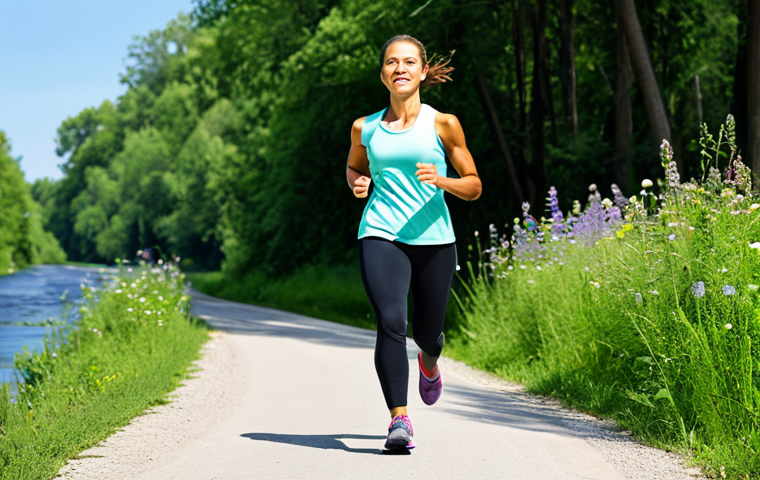 Serene Riverside Workout**

A woman in comfortable workout clothes and athletic shoes, fully clothed, jogging along a scenic river path lined with lush green trees and wildflowers, safe for work, appropriate content, perfect anatomy, natural proportions, professional photography, family-friendly, clear sky background, bright daylight.

**
