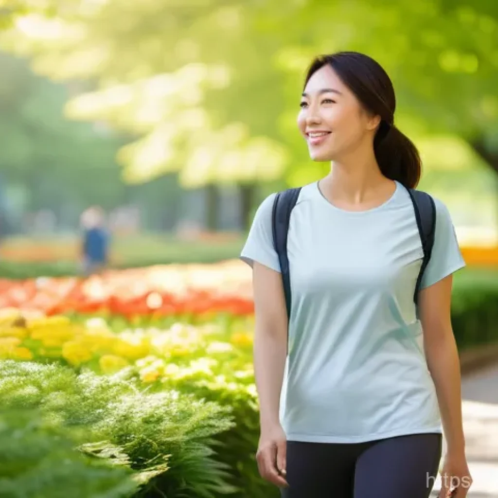 그린 운동 처방의 실용적인 적용 가이드 - **Prompt:** A serene East Asian woman in her early 30s is taking a mindful walk through a vibrant ur...