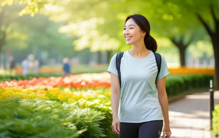 그린 운동 처방의 실용적인 적용 가이드 - **Prompt:** A serene East Asian woman in her early 30s is taking a mindful walk through a vibrant ur...