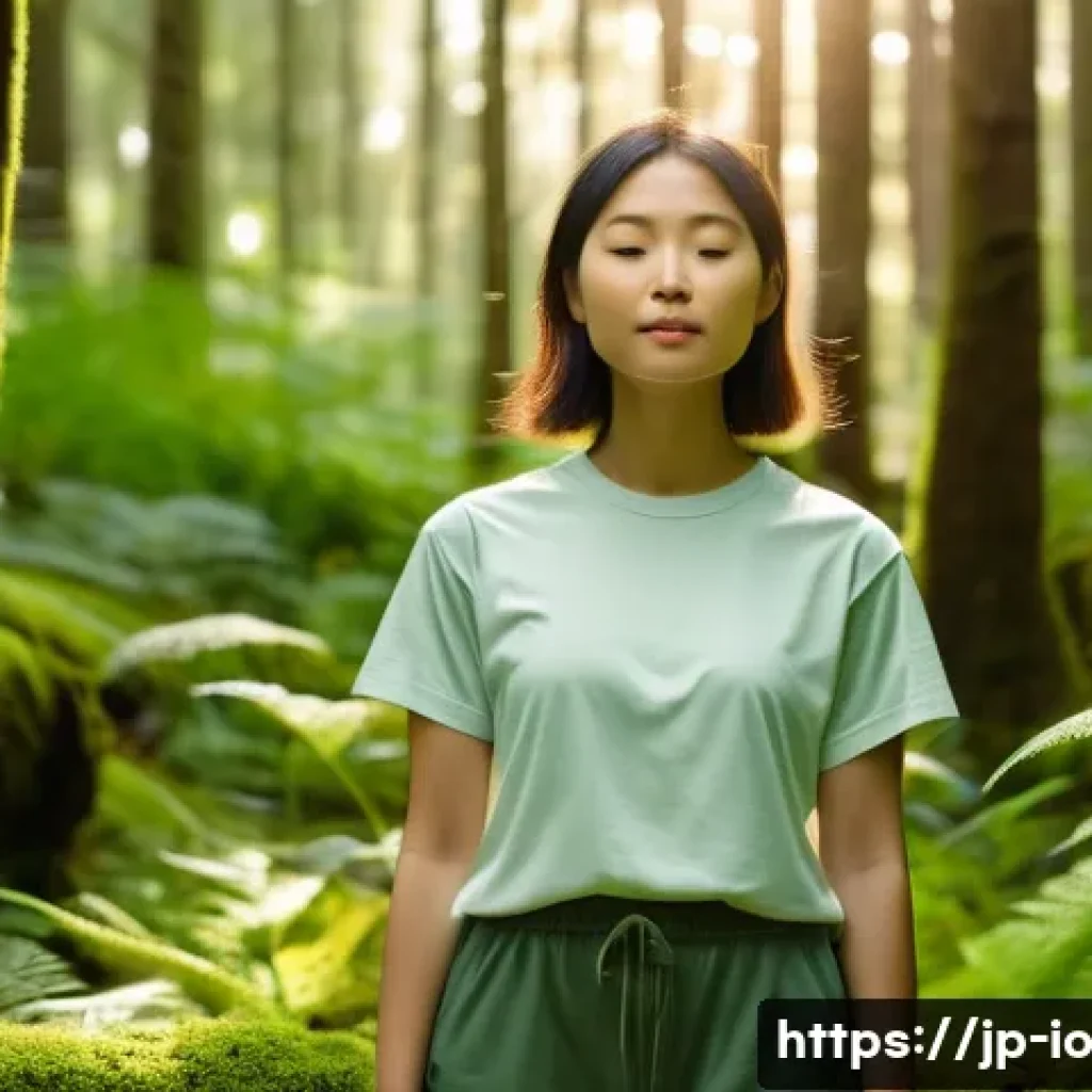 그린 운동 처방의 지속 가능성 확보 방안 - **Forest Bathing Serenity**
A peaceful, full-body shot of a young Japanese woman in her late 20s...