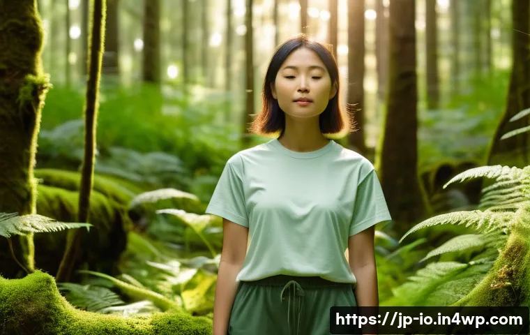 그린 운동 처방의 지속 가능성 확보 방안 - **Forest Bathing Serenity**
    A peaceful, full-body shot of a young Japanese woman in her late 20s...