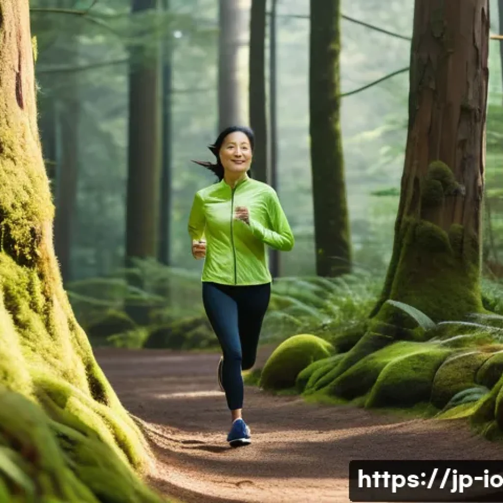 그린 운동 처방을 위한 연구 개발 동향 - A serene Japanese forest scene during early morning, with soft sunlight filtering through tall cedar...