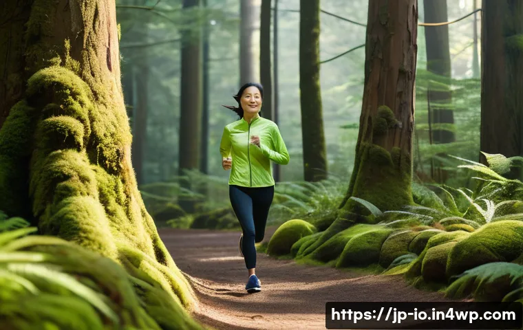 그린 운동 처방을 위한 연구 개발 동향 - A serene Japanese forest scene during early morning, with soft sunlight filtering through tall cedar...