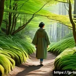 그린 운동 처방을 통한 개인의 변화 - A serene forest scene featuring a young Japanese woman wearing comfortable, modest outdoor clothing,...