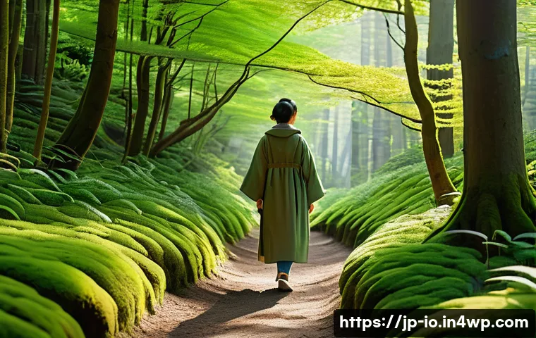 그린 운동 처방을 통한 개인의 변화 - A serene forest scene featuring a young Japanese woman wearing comfortable, modest outdoor clothing,...