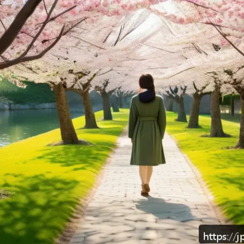 그린 운동 처방의 실질적 기여 분석 - A serene Japanese park scene in early spring, featuring a young Japanese woman in casual clothing wa...