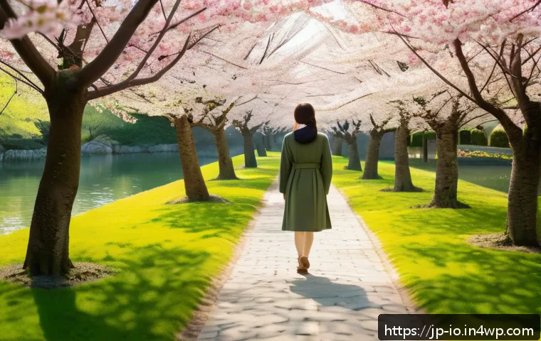 그린 운동 처방의 실질적 기여 분석 - A serene Japanese park scene in early spring, featuring a young Japanese woman in casual clothing wa...