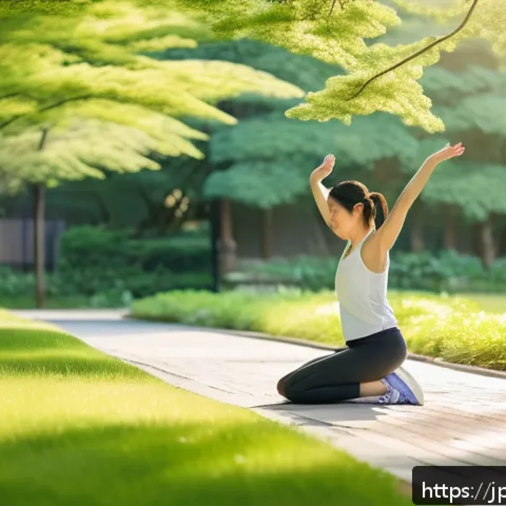그린 운동 처방과 영양의 관계 - A serene morning scene in a Japanese neighborhood park, featuring a young Japanese woman wearing com...