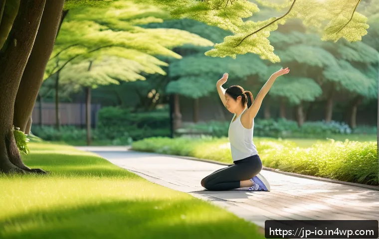 그린 운동 처방과 영양의 관계 - A serene morning scene in a Japanese neighborhood park, featuring a young Japanese woman wearing com...