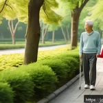 그린 운동 처방의 효과적인 피드백 시스템 구축 - A serene Japanese urban park scene in early morning light, featuring a diverse group of people walki...
