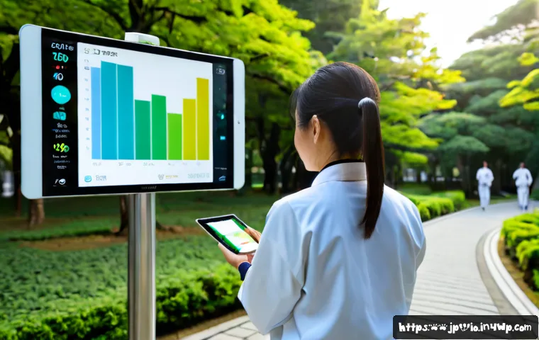 그린 운동 처방 관련 최신 기술 동향 - Photorealistic preventive healthcare scene in a lush urban park, a middle-aged Japanese woman follow...